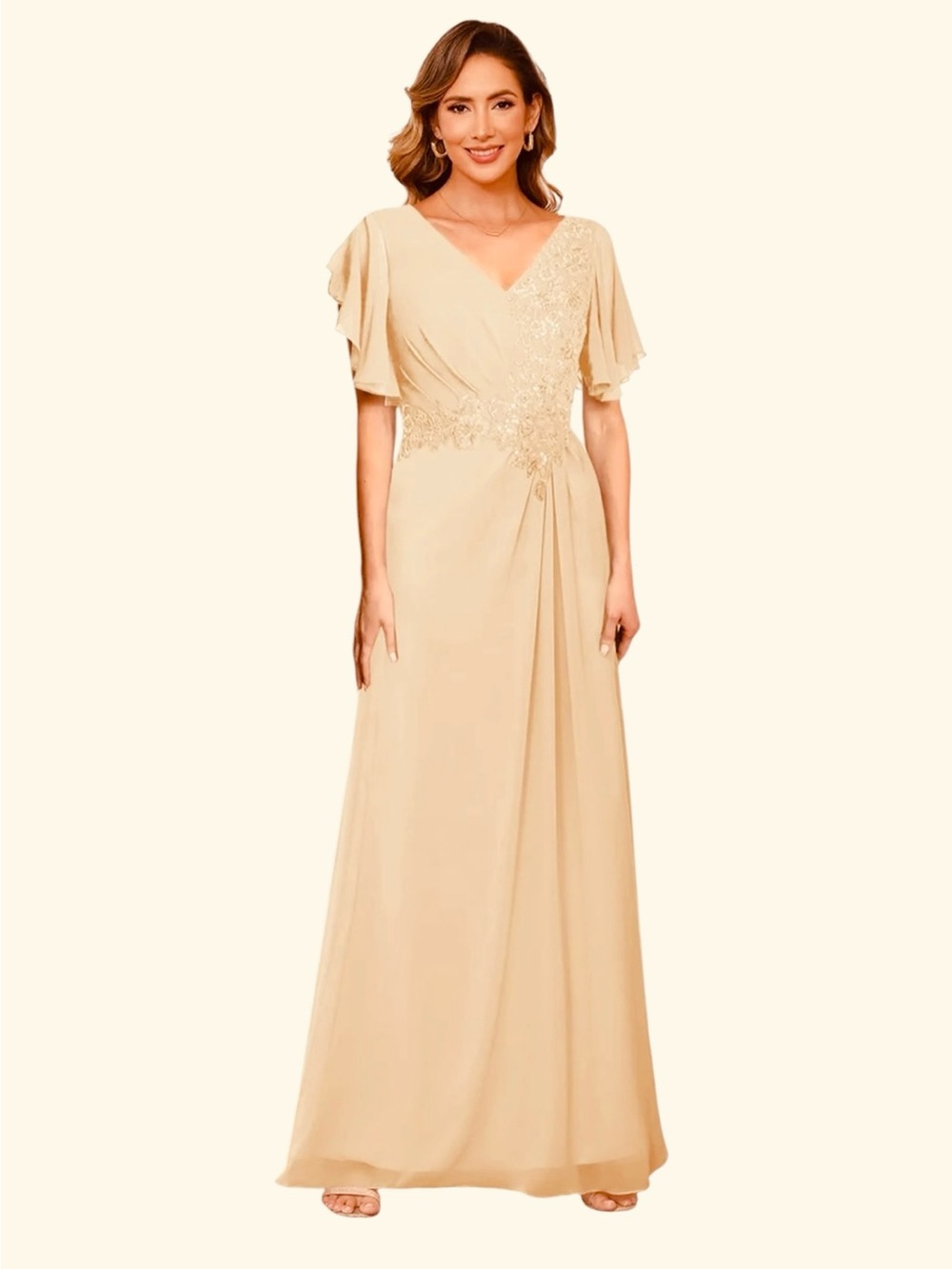Ethereal NWT Lavetir Champagne Chiffon Lace Sequined Formal Gown Size 12